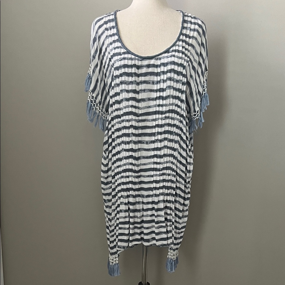 Skemo Blue & White Beaded Tassels Pleated Sharkbite Hem Swimsuit Cover-up- Small